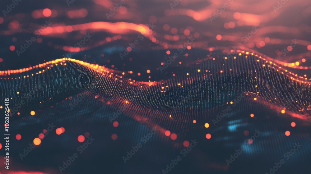 Poster abstract image featuring glowing red waves with flowing particle lights, creating a futuristic and d