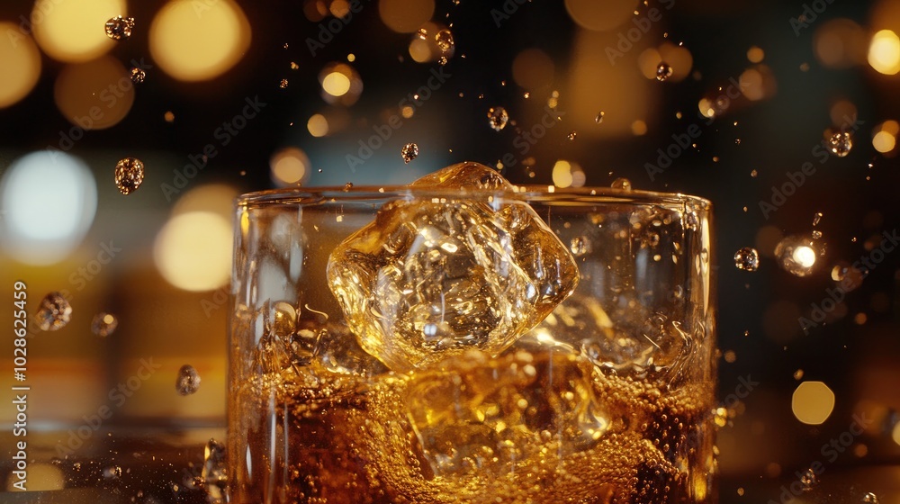 Poster refreshing drink with ice and bokeh background