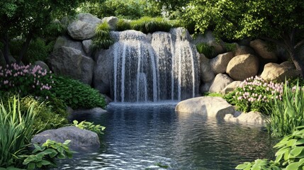 Naklejka premium Serene Waterfall in Lush Green Landscape