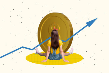 Creative image collage young girl sit golden coin money finance economy rise up stocks dynamic...