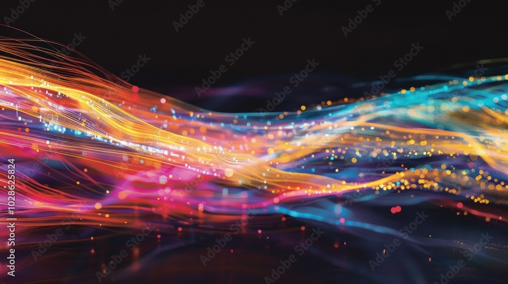 Poster bright neon streams of light in multiple colors flowing across a dark background, creating a sense o