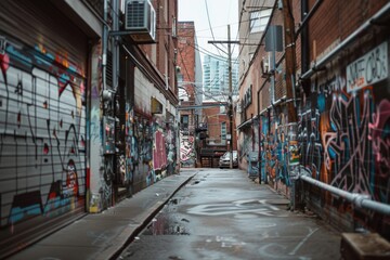 A graffiti-filled alleyway in the city, artfully showcasing urban culture and creativity against a backdrop of rustic architecture.