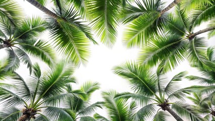 Palm trees with lush leaves on white background with grey coconut branches