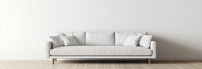 A cozy gray sofa in a minimalist setting with wooden flooring and a plain white wall.