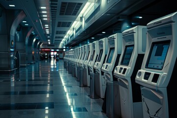 Rows of sleek, modern kiosks stretch across an airport terminal, embodying technological innovation and the hustle of travel.