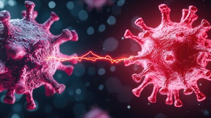 Illustration of virus particles interacting with bright energetic connection.