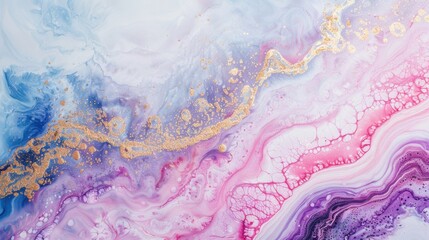 Fototapeta premium A luxurious marble texture in pastel hues, featuring flowing gold accents and organic patterns in shades of pink, purple, and blue.