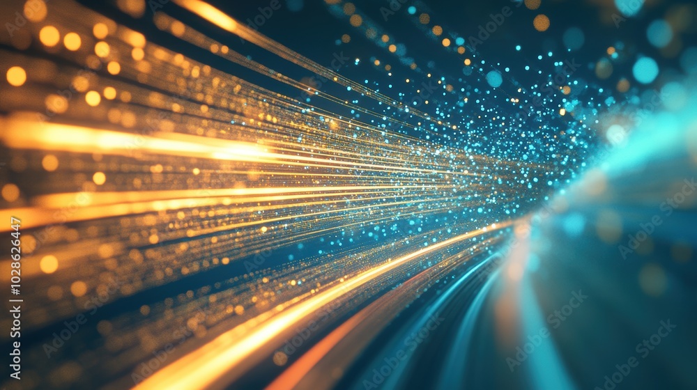 Poster dynamic abstract image featuring glowing blue and gold light trails with scattered particles, creati