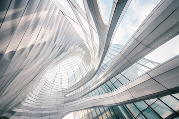 The futuristic architecture spirals upward, showcasing a stunning play of lines and light against the sky.