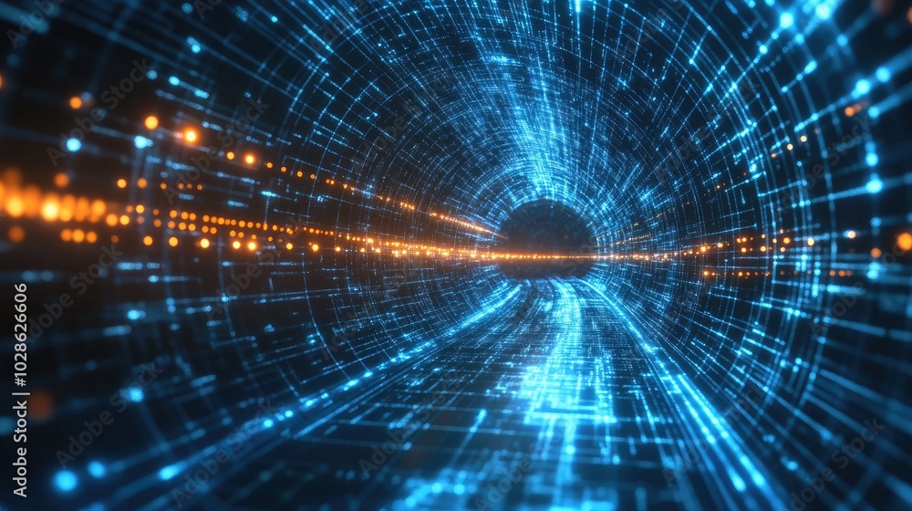 Poster digital blue light tunnel with flowing data streams