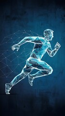 Fototapeta premium Abstract running man form lines and triangles, point connecting network on blue background. Illustration vector