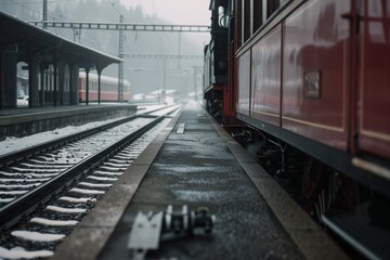 Fototapeta premium A train sits quietly at a mist-covered station, evoking a sense of solitude and nostalgic travel, with rail lines leading into the misty unknown.