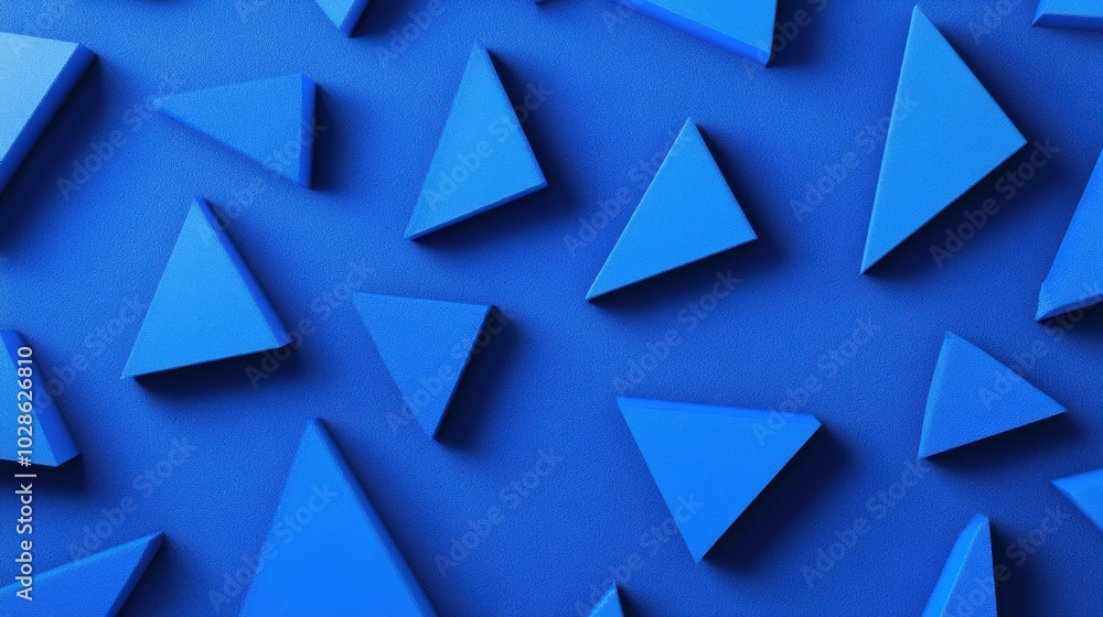 Poster Geometric abstract design with 3D blue triangular shapes arranged on a textured blue surface, creating a modern and bold visual effect.