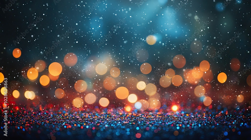Poster sparkling snowfall with colorful bokeh lights