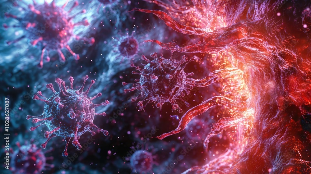 Poster microscopic view of colorful viruses in a dynamic background.