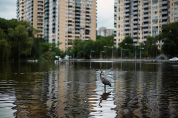 Obraz premium A solitary heron stands elegantly on a serene urban pond, framed by towering apartment buildings and lush greenery.