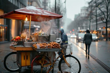 Naklejka premium A vibrant food cart brimming with delicious treats steams in the chilly urban street, inviting warmth on a gray day.