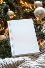 white book mockup on Christmas background. ai generated