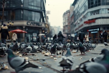 Obraz premium A bustling urban scene with a flock of pigeons feeding on scattered popcorn amidst the city hustle, with buildings as a backdrop.