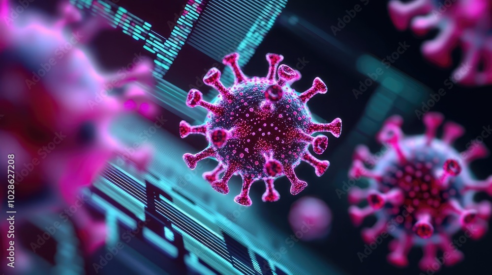 Poster vivid close-up of a virus structure with digital elements in a futuristic setting.