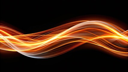 Panoramic abstract orange and white light waves against a black background