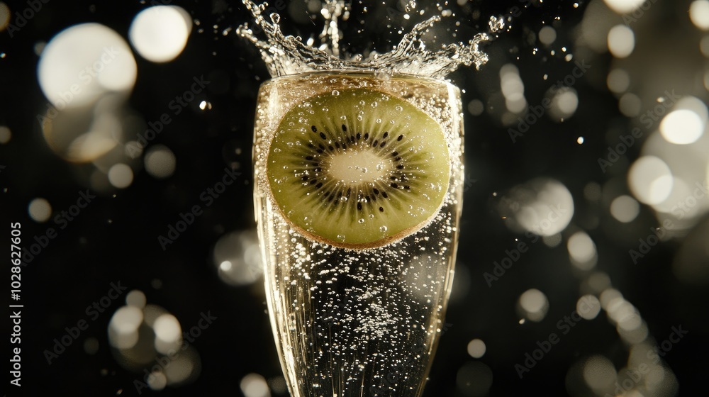 Poster refreshing sparkling drink with kiwi slice splash