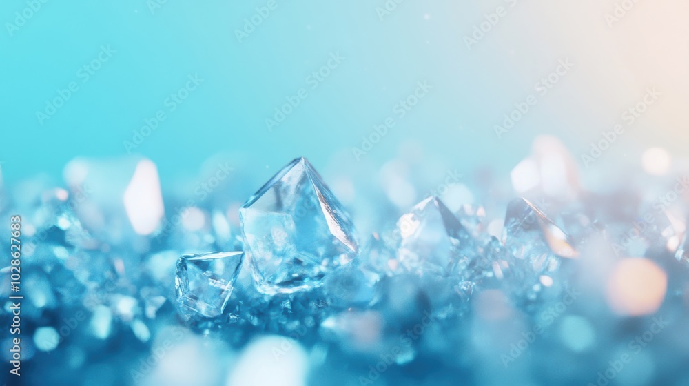 Poster a detailed close-up of sparkling blue ice crystals against a soft gradient background, creating a co