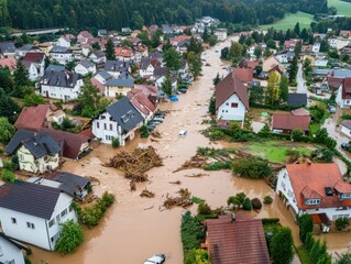 Aerial view of a neighborhood affected by severe flooding, showcasing submerged homes and disrupted landscapes.