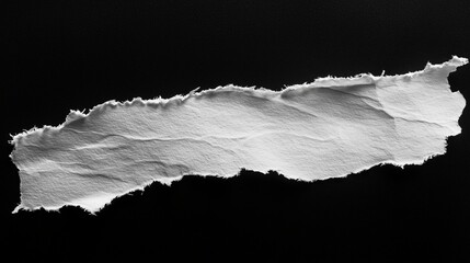 Torn Piece of White Paper with Jagged Edge Diagonally Ripped Against Black Background with Visible Fibers