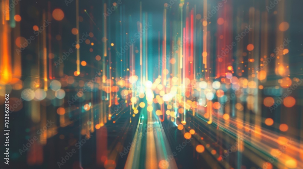 Poster a vibrant abstract scene featuring vertical light streaks and glowing bokeh, creating a dynamic sens