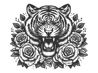 roaring tiger surrounded by blooming roses, tattoo. Fierce wildlife with delicate floral elements sketch engraving generative ai raster illustration. Scratch board imitation. Black and white image.