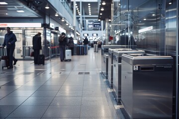 Fototapeta premium A bustling airport terminal filled with passengers and sleek design, embodying the energy and connectivity of global travel.