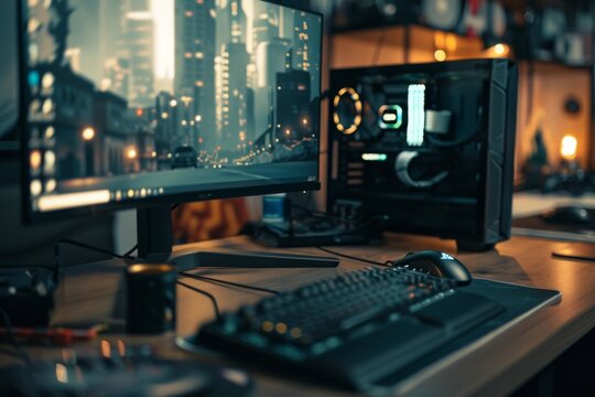 A sleek modern gaming setup with a glowing desktop tower, illuminated keyboard, and a large monitor displaying a vibrant cityscape.