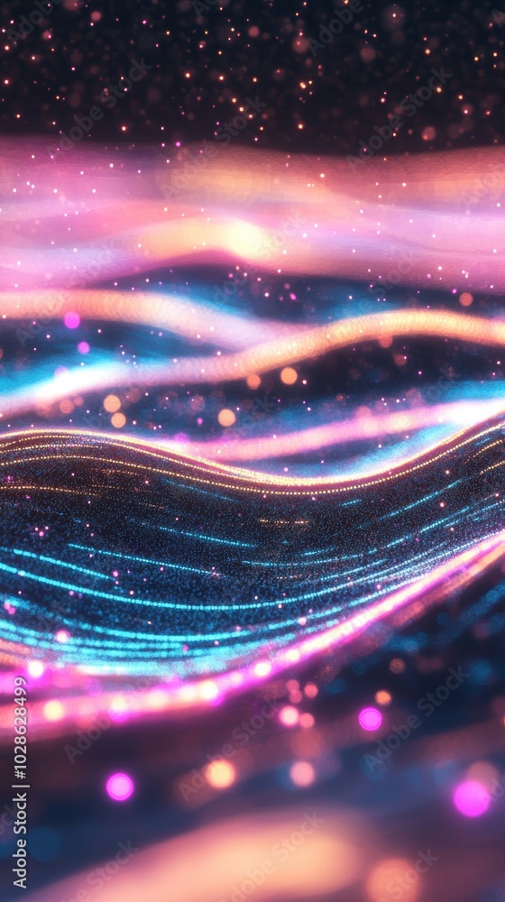 Poster abstract waves of colorful light flowing in a dark space, adorned with glowing particles, creating a