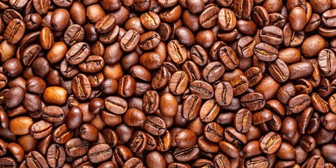 Obraz premium Panoramic background of roasted fresh brown coffee beans, whole bean brew