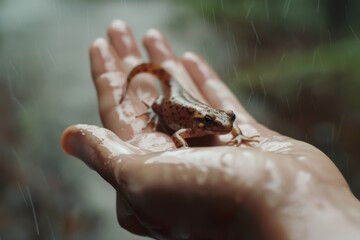 Obraz premium A delicate salamander rests on a gently cupped hand in the rain, highlighting nature's intricate beauty and a moment of connection.