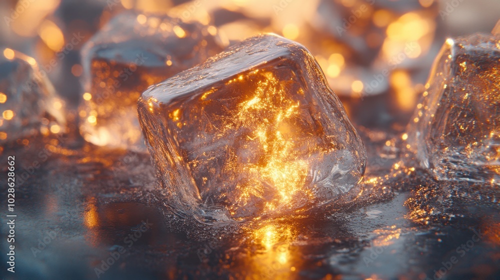 Poster ice cubes sparkle on a glossy surface, tiny water droplets creating a refreshing scene as the macro 