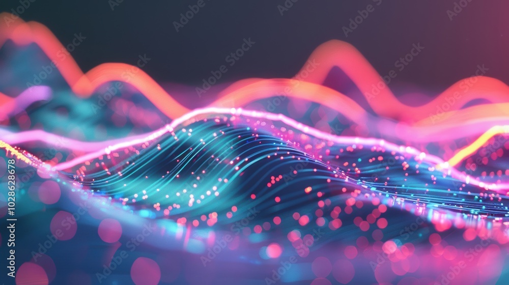Poster flowing neon light waves with dynamic particles in motion, creating a futuristic and energetic visua