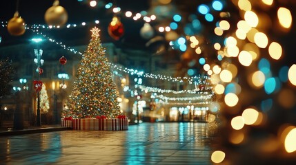 Obraz premium Festive Christmas Tree Decorated with Lights