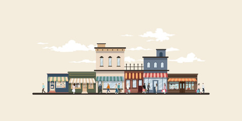 Obraz premium Cityscape winter season have people holding a lot of shopping bags walking from retail store graphic illustration.