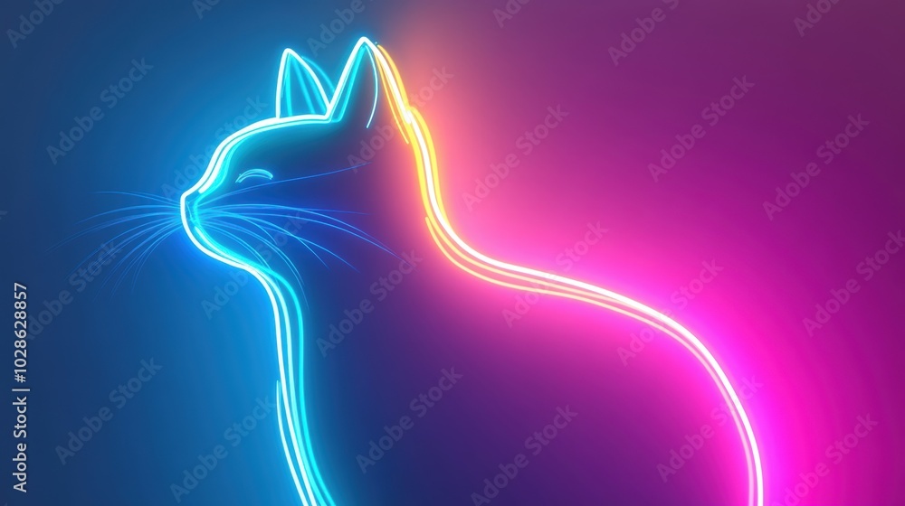 Poster abstract neon outline of a cat on a vibrant gradient background, combining glowing lines and vivid c