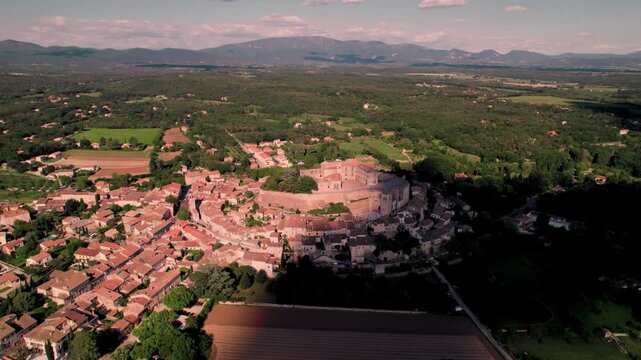 Aerial footage of Grignan village in the Drome department, Auvergne-Rhone-Alpes, southeastern France