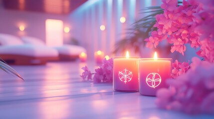 Relaxing atmosphere with pink candles and blooming flowers in soft light.