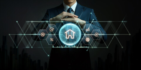 Businessman gesturing in a futuristic concept scene full of icon elements
