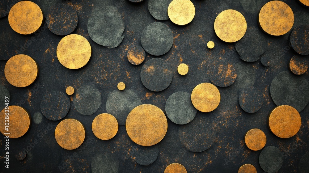 Poster an abstract background with textured gold and black circles in varying sizes, creating a dynamic, mo