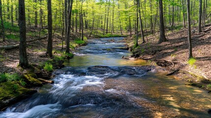 Obraz premium Peaceful Stream Flowing Through Lush Green Forest