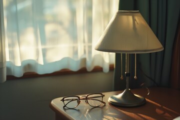 Obraz premium Gentle morning light filters through sheer curtains, illuminating a bedside lamp and pair of glasses, evoking a sense of calm and introspection.