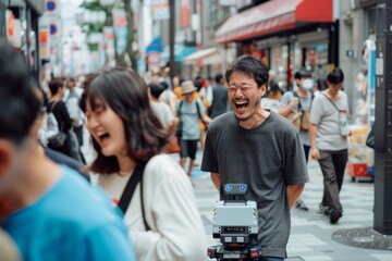 Obraz premium A lively street scene bursts with energy, laughter echoing as people come together in an eclectic shopping district.