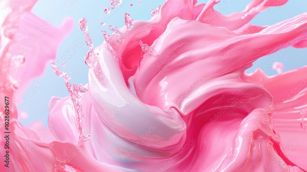 Poster a dynamic splash of pink liquid frozen in motion, showcasing a glossy texture with smooth and vibran