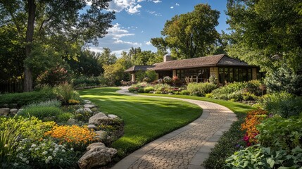 Fototapeta premium Lush Garden Pathway Leading to Charming Home